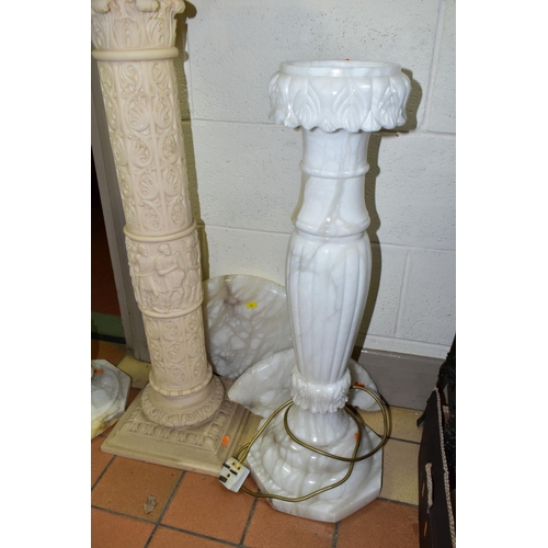 630 - THREE DECORATIVE PEDESTALS, comprising two carved alabaster examples, heights 59cm and 72cm, on octa... 