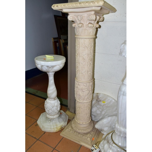 630 - THREE DECORATIVE PEDESTALS, comprising two carved alabaster examples, heights 59cm and 72cm, on octa... 