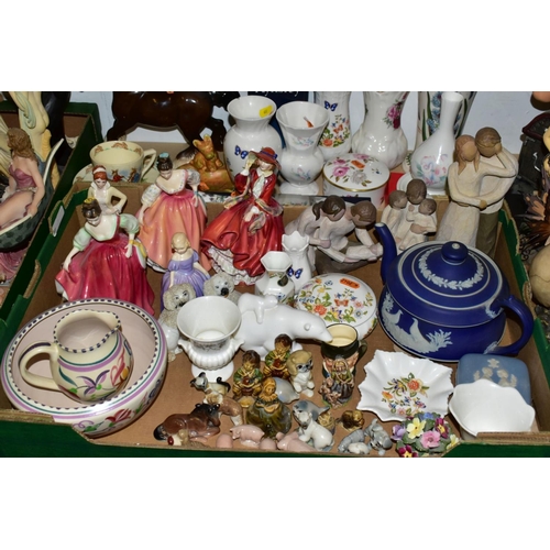 632 - A BOX AND LOOSE CERAMIC GIFTWARES ETC, to include five figurines: Royal Doulton HN2832 Fair Lady, HN... 