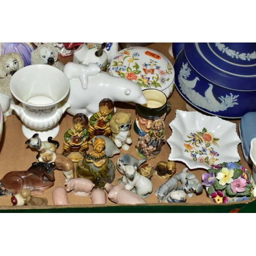 632 - A BOX AND LOOSE CERAMIC GIFTWARES ETC, to include five figurines: Royal Doulton HN2832 Fair Lady, HN... 