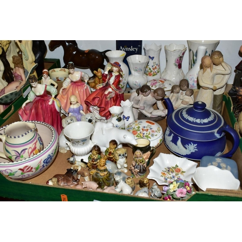 632 - A BOX AND LOOSE CERAMIC GIFTWARES ETC, to include five figurines: Royal Doulton HN2832 Fair Lady, HN... 