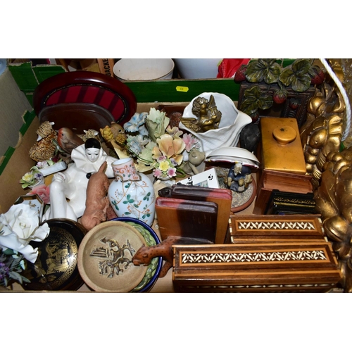 638 - THREE BOXES AND LOOSE CERAMICS, TREEN AND SUNDRY HOUSEHOLD ITEMS, to include a box of five white opa... 