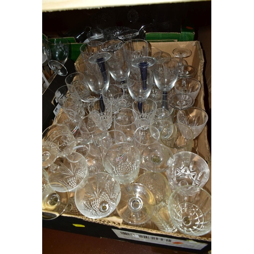 640 - FIVE BOXES OF GLASS WARES, to include a quantity of drinking glasses, mainly in sets including a par... 