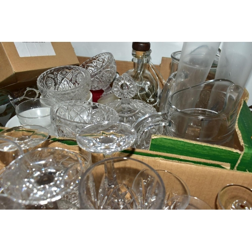 640 - FIVE BOXES OF GLASS WARES, to include a quantity of drinking glasses, mainly in sets including a par... 