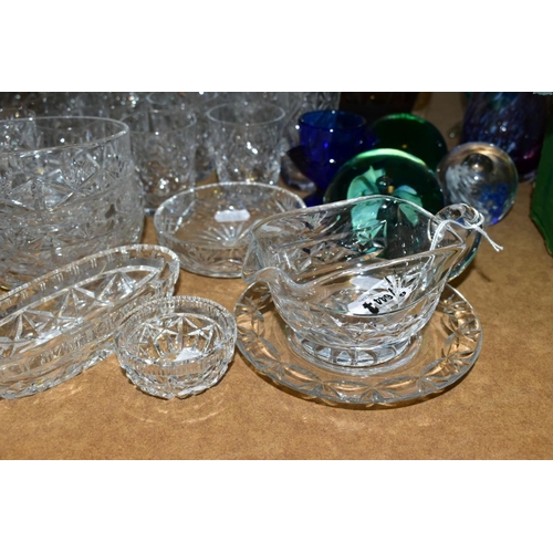 644 - A GROUP OF CUT CRYSTAL AND OTHER GLASS WARES, approximately forty to fifty pieces to include three p... 