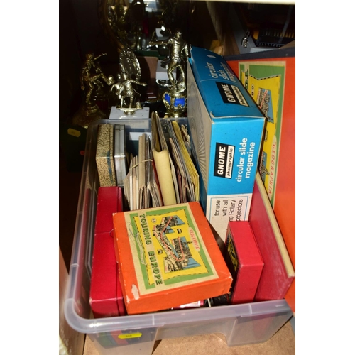 646 - FOUR BOXES AND LOOSE SLIDE PROJECTOR, BOOKS AND EPHEMERA, VINTAGE GAMES AND SUNDRY ITEMS, to include... 