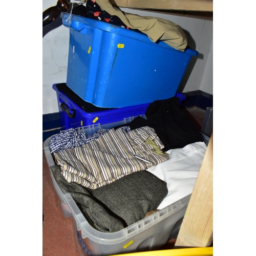 647 - FOUR BOXES OF LADIES CLOTHES AND BAGS, to include trousers, skirts, blouses and knitwear, in various... 