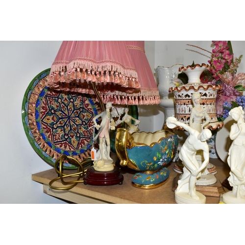 649 - A GROUP OF TABLE LAMPS, VASES AND CERAMIC ORNAMENTS, to include a ceramic, onyx and alabaster figura... 