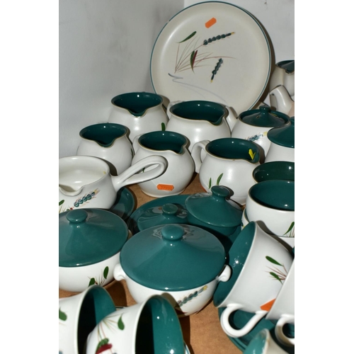 651 - A FIFTY ONE PIECE DENBY GREENWHEAT PART DINNER SERVICE, comprising a coffee pot, two different sized... 