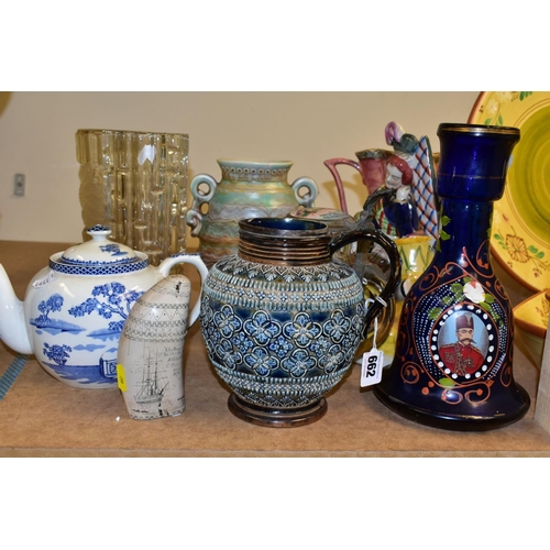 662 - A SMALL GROUP OF CERAMICS AND GLASSWARES, to include a Doulton Lambeth jug, with applied decoration,... 