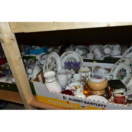 665 - FIVE BOXES OF CERAMICS, to include two large Aynsley Pembroke plates diameter 31cm with a matching c... 