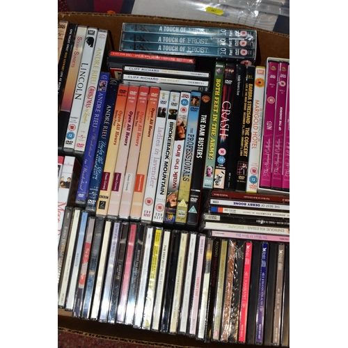 667 - TWO BOXES OF RECORDS, CDS AND DVDS, to include thirty five classical, pop and easy listening CDs, ar... 