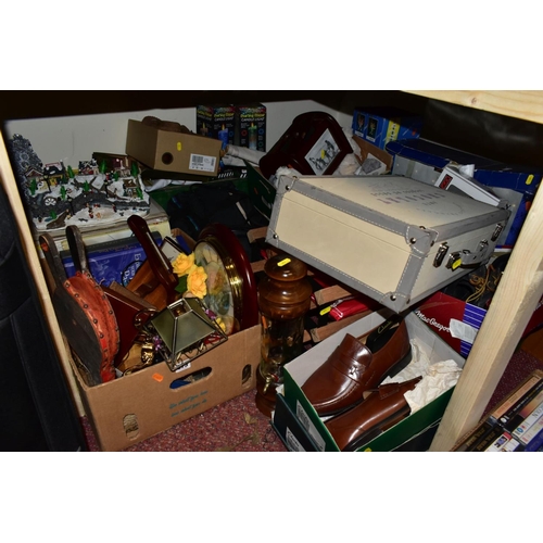 673 - FOUR BOXES AND LOOSE LUGGAGE, SHOES, CHRISTMAS DECORATIONS AND SUNDRY ITEMS, to include a large blac... 