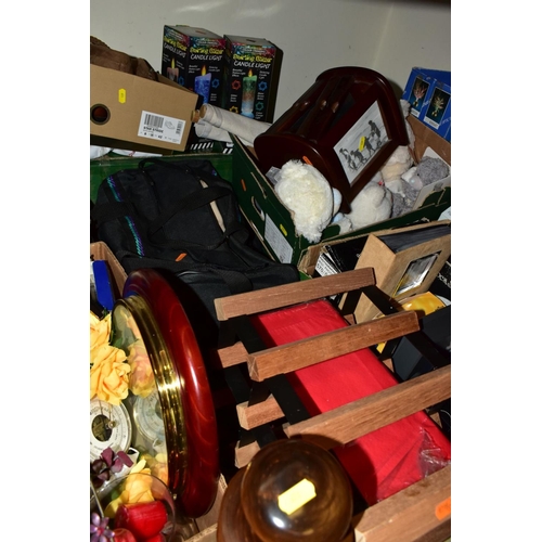 673 - FOUR BOXES AND LOOSE LUGGAGE, SHOES, CHRISTMAS DECORATIONS AND SUNDRY ITEMS, to include a large blac... 