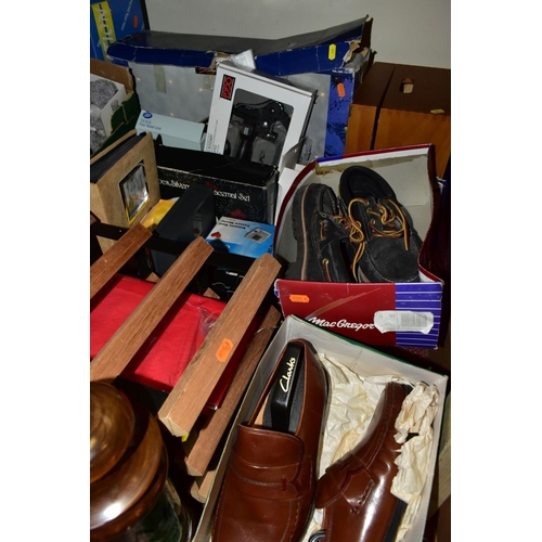 673 - FOUR BOXES AND LOOSE LUGGAGE, SHOES, CHRISTMAS DECORATIONS AND SUNDRY ITEMS, to include a large blac... 