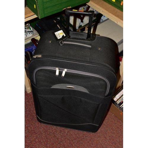 673 - FOUR BOXES AND LOOSE LUGGAGE, SHOES, CHRISTMAS DECORATIONS AND SUNDRY ITEMS, to include a large blac... 