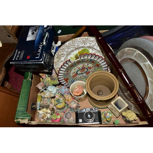 674 - TWO BOXES AND LOOSE SEWING MACHINE, SMOKERS CABINET, BED TRAY, METALWARES, GLASS AND SUNDRY ITEMS, t... 