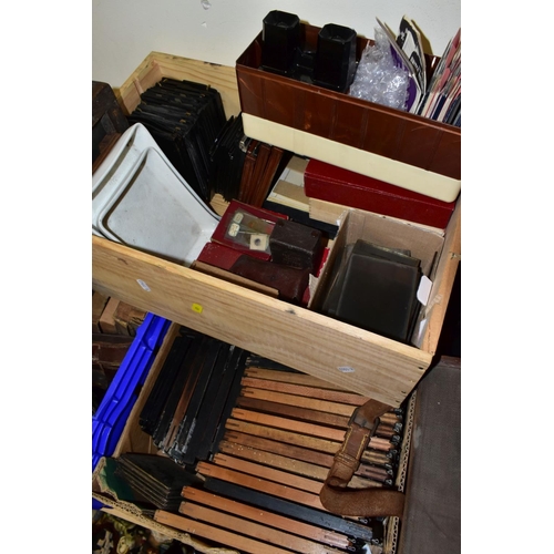 675 - SEVEN BOXES OF ANTIQUE AND VINTAGE CAMERAS, to include a Zeiss Ikon sheet film camera with Compur sh... 