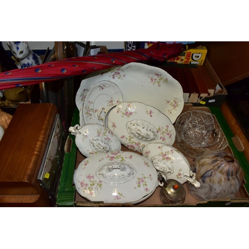 676 - TWO BOXES AND LOOSE CERAMICS, GLASS, BOOKS, PICTURES, CLOCK AND SUNDRY ITEMS, to include early twent... 