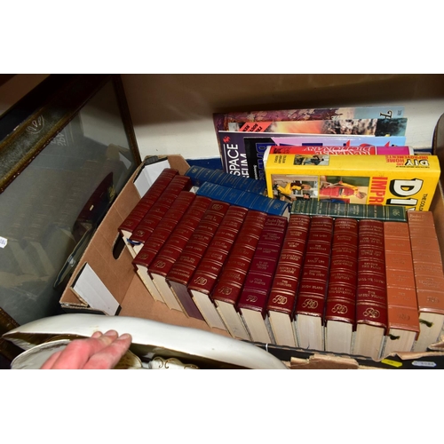 676 - TWO BOXES AND LOOSE CERAMICS, GLASS, BOOKS, PICTURES, CLOCK AND SUNDRY ITEMS, to include early twent... 