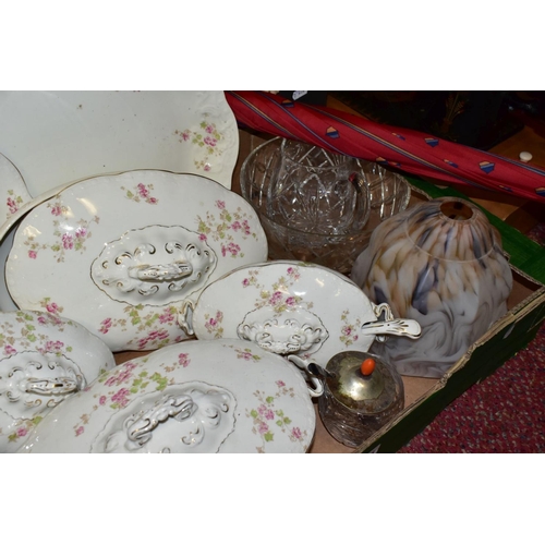 676 - TWO BOXES AND LOOSE CERAMICS, GLASS, BOOKS, PICTURES, CLOCK AND SUNDRY ITEMS, to include early twent... 