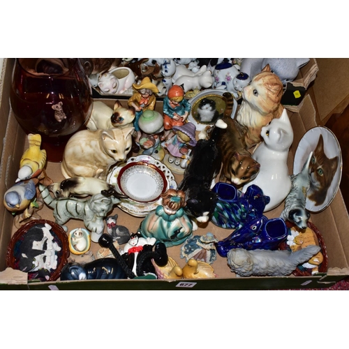 677 - THREE BOXES OF CERAMICS, GLASS AND CAT ORNAMENTS, to include an art glass fish, a ruffle rimmed oran... 