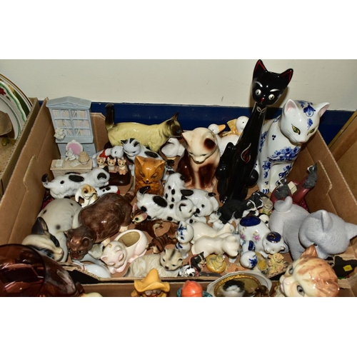 677 - THREE BOXES OF CERAMICS, GLASS AND CAT ORNAMENTS, to include an art glass fish, a ruffle rimmed oran... 