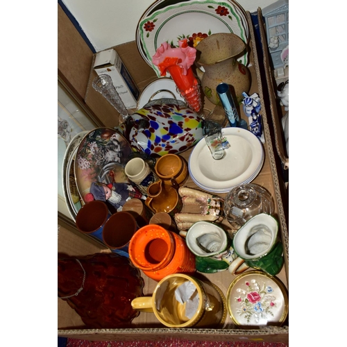 677 - THREE BOXES OF CERAMICS, GLASS AND CAT ORNAMENTS, to include an art glass fish, a ruffle rimmed oran... 