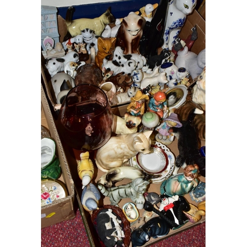 677 - THREE BOXES OF CERAMICS, GLASS AND CAT ORNAMENTS, to include an art glass fish, a ruffle rimmed oran... 