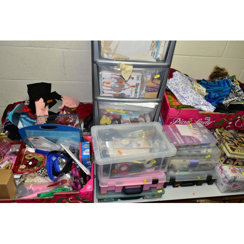 679 - FOUR BOXES AND LOOSE FABRIC, HABERDASHERY AND SEWING ITEMS, to include three boxes of assorted fabri... 