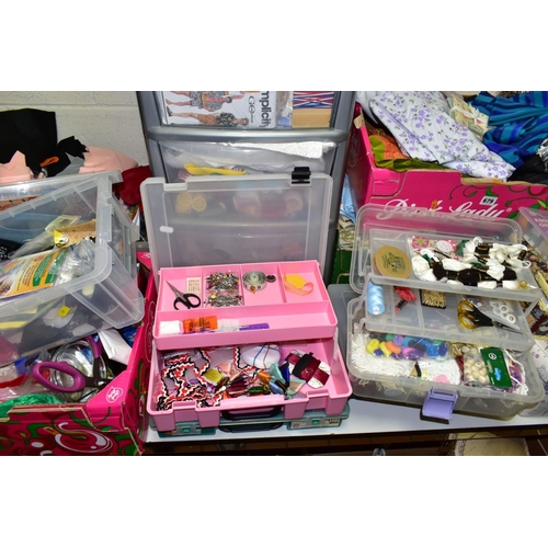 679 - FOUR BOXES AND LOOSE FABRIC, HABERDASHERY AND SEWING ITEMS, to include three boxes of assorted fabri... 