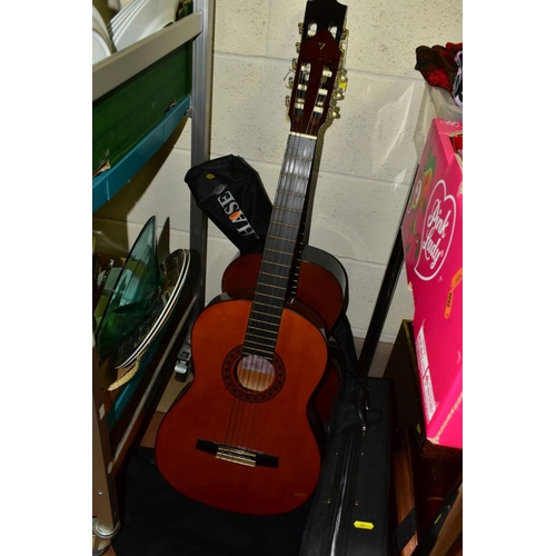 682 - THREE ACOUSTIC GUITARS AND A VIOLIN, comprising a cased half size violin with bow (one violin string... 