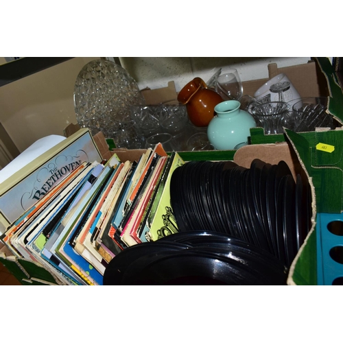 683 - SIX BOXES AND LOOSE CERAMICS, GLASS, RECORDS AND SUNDRY ITEMS, to include a Wade Whimsies Lady from ... 