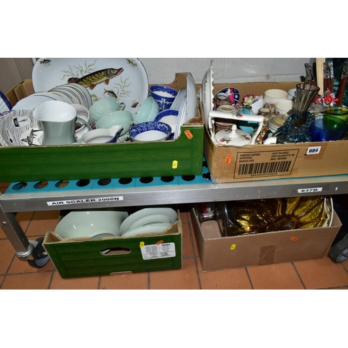 684 - FOUR BOXES OF CERAMICS AND GLASS WARES, to include a forty one piece Spode Flemish Green dinner serv... 