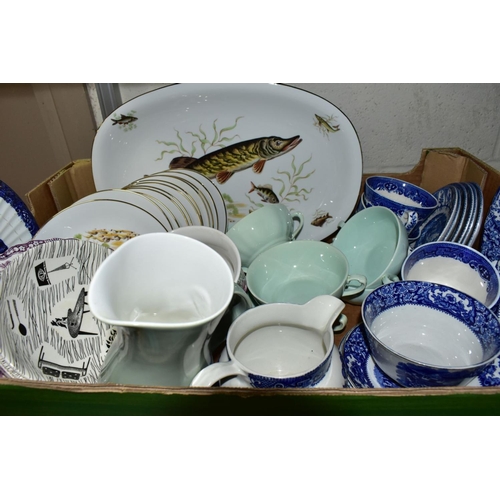 684 - FOUR BOXES OF CERAMICS AND GLASS WARES, to include a forty one piece Spode Flemish Green dinner serv... 