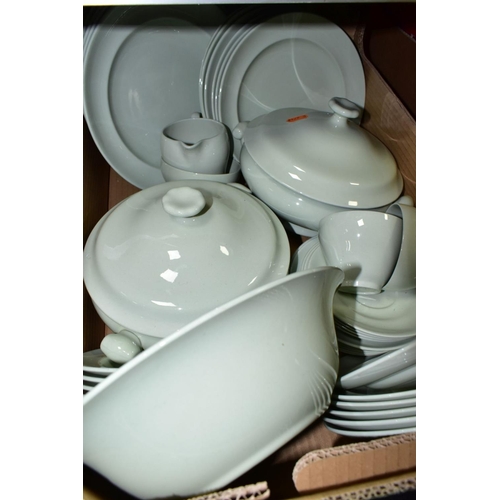 684 - FOUR BOXES OF CERAMICS AND GLASS WARES, to include a forty one piece Spode Flemish Green dinner serv... 