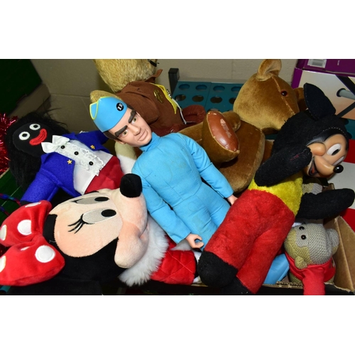 686 - A BOX OF TEDDY BEARS AND SOFT TOYS, to include a 1990s Carlton Thunderbirds Scott Tracy talking figu... 