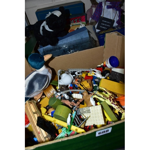 688 - TWO BOXES OF TOYS AND GAMES, to include a vintage, wood wool stuffed black cat toy (sd), boxed Atlas... 