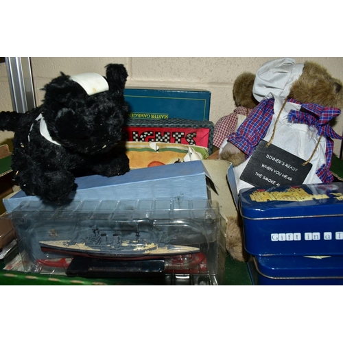 688 - TWO BOXES OF TOYS AND GAMES, to include a vintage, wood wool stuffed black cat toy (sd), boxed Atlas... 