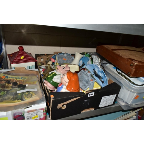 691 - FOUR BOXES AND LOOSE CERAMICS, MOTORCYCLING MAGAZINES, FISHING RODS AND REELS, FAX MACHINE AND SUNDR... 