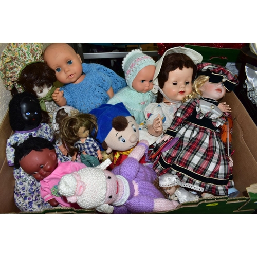 695 - A BOX OF ASSORTED DOLLS AND A REPRODUCTION MAHOGANY STAINED CHIPPENDALE STYLE DOLL'S CHAIR, height o... 