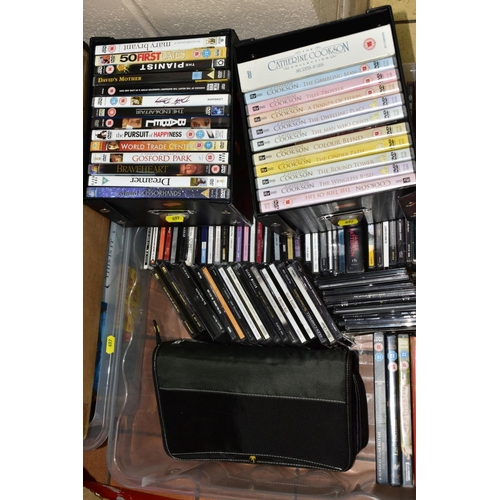 697 - EIGHT BOXES OF DVDS, CDS, BOOKS, EXTENSION CABLES, ETC, books include Haynes Manuals (Laptop, using ... 