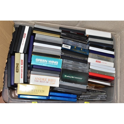 697 - EIGHT BOXES OF DVDS, CDS, BOOKS, EXTENSION CABLES, ETC, books include Haynes Manuals (Laptop, using ... 