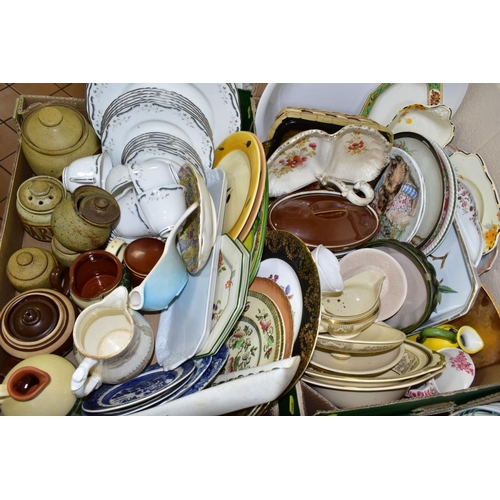 699 - FIVE BOXES OF CERAMICS, including twenty-nine pieces of Royal Worcester 'Sutton' pattern dinner and ... 