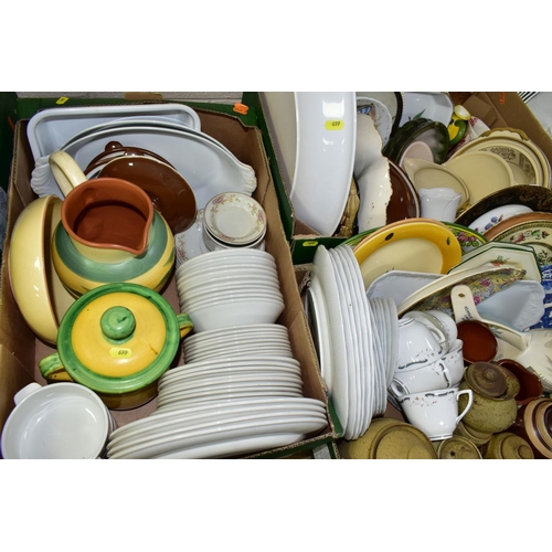 699 - FIVE BOXES OF CERAMICS, including twenty-nine pieces of Royal Worcester 'Sutton' pattern dinner and ... 