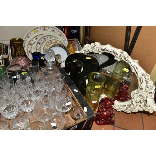 700 - THREE BOXES AND LOOSE CERAMICS, GLASS, PRINTS, MIRROR, CLOCK, ETC, including a ceramic Valdespino Sh... 