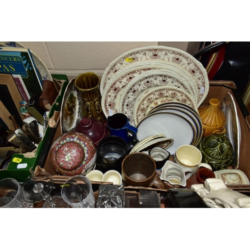 700 - THREE BOXES AND LOOSE CERAMICS, GLASS, PRINTS, MIRROR, CLOCK, ETC, including a ceramic Valdespino Sh... 