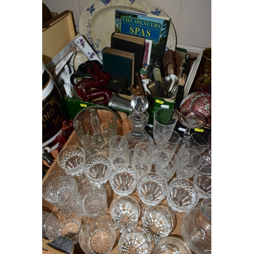 700 - THREE BOXES AND LOOSE CERAMICS, GLASS, PRINTS, MIRROR, CLOCK, ETC, including a ceramic Valdespino Sh... 