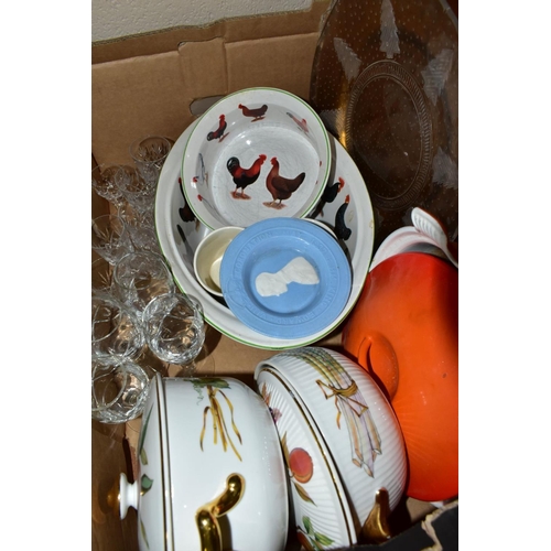 701 - TWO BOXES OF GLASSWARE AND CERAMICS, ETC, including a well-used 22cm Le Creuset orange and white ena... 