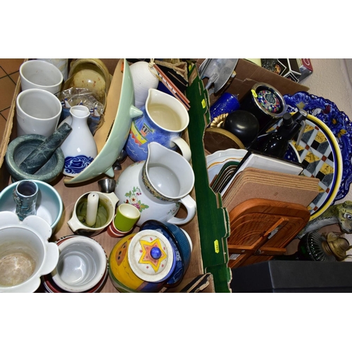 703 - FOUR BOXES OF CERAMICS,ETC INCLUDING TWO PIECES OF GOUDA POTTERY, the Gouda comprises a 2654 Blufri ... 